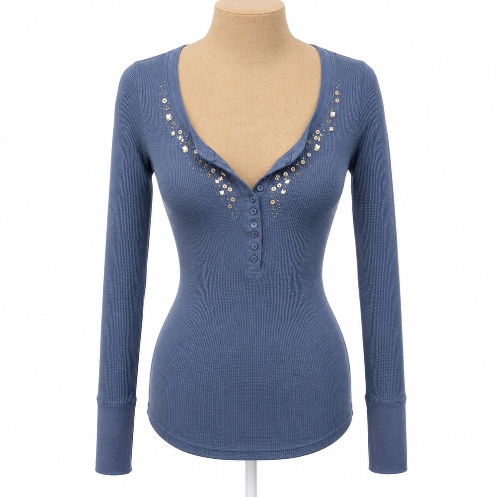 Vintage Y2K Aeropostale Rhinestone Henley Top Sz M Blue Long Sleeve Bella Elana